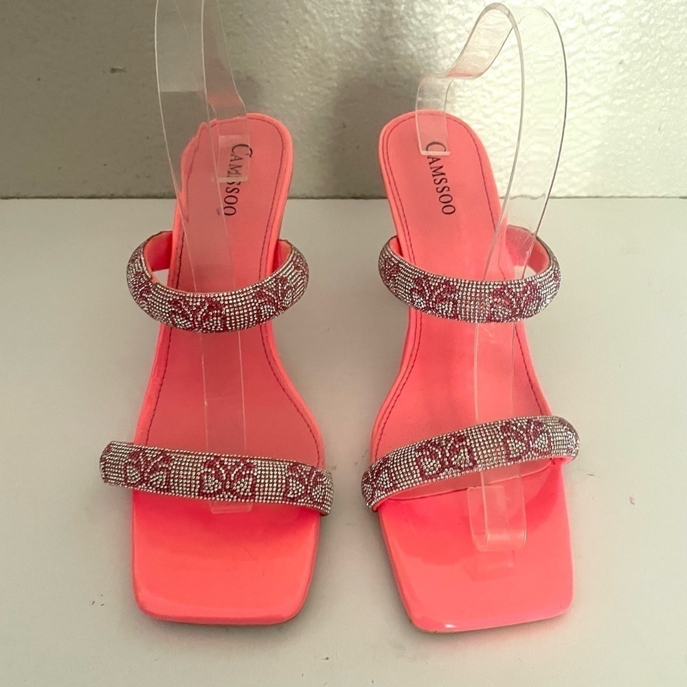 CAMSSOO Women's Double
Rhinestones strap Heels Sandals Rose Red size 42 - Picture 4 of 15